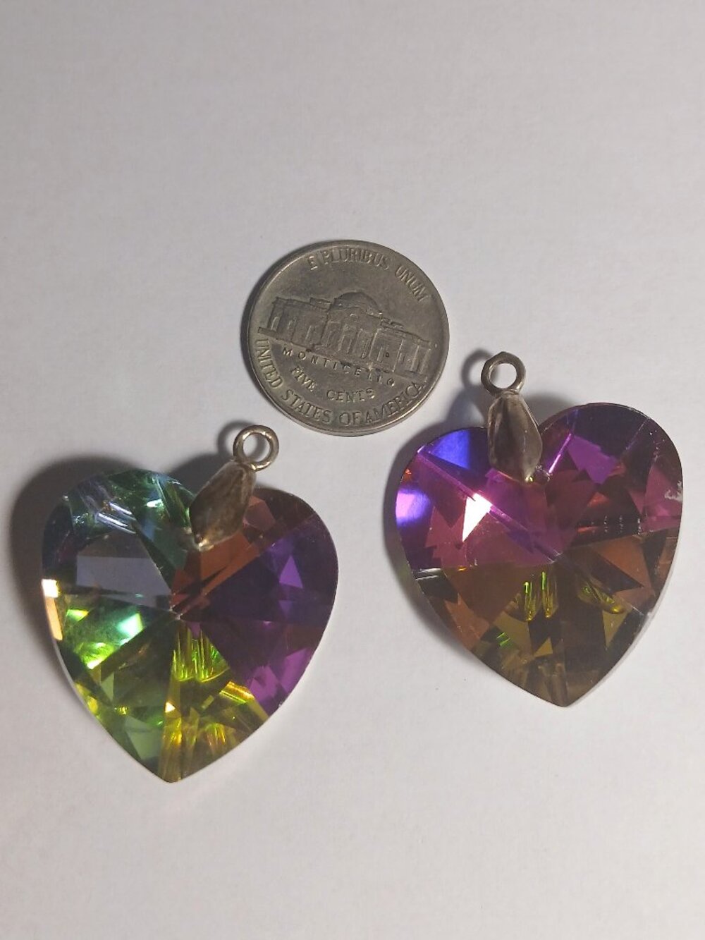 2 LG Vintage Watermelon Rivoli Crystal Heart Pendants 1 1/8" Multicolor